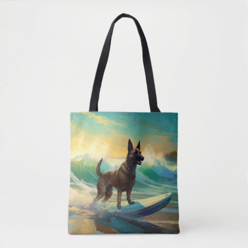 Belgian Malinoi Beach Surfing Painting Tote Bag