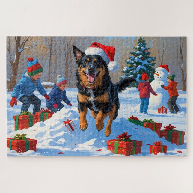 Belgian Malinoi Christmas Festive Snow Scene Jigsaw Puzzle (Horizontal)