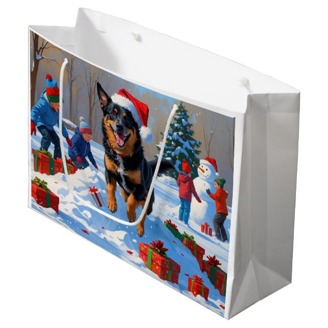 Belgian Malinoi Christmas Festive Snow Scene Large Gift Bag (Front Angled)