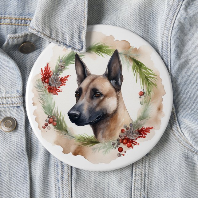 Belgian Malinoi Christmas Wreath Festive Pup  Button (In Situ)