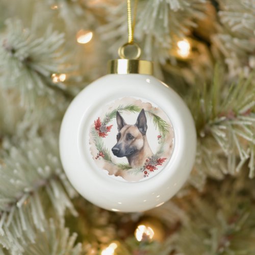 Belgian Malinoi Christmas Wreath Festive Pup  Ceramic Ball Christmas Ornament