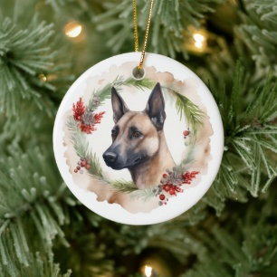 Belgian Malinoi Christmas Wreath Festive Pup Ceramic Ornament