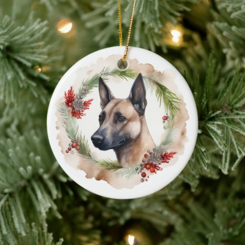 Belgian Malinoi Christmas Wreath Festive Pup  Ceramic Ornament