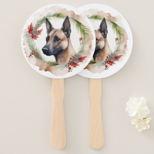 Belgian Malinoi Christmas Wreath Festive Pup  Hand Fan