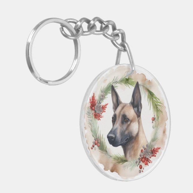 Belgian Malinoi Christmas Wreath Festive Pup  Keychain (Front Left)