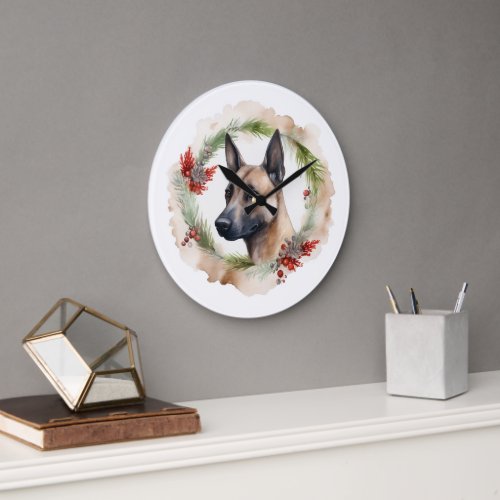 Belgian Malinoi Christmas Wreath Festive Pup  Large Clock