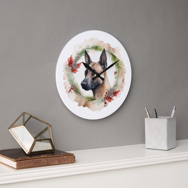 Belgian Malinoi Christmas Wreath Festive Pup  Large Clock (Office)