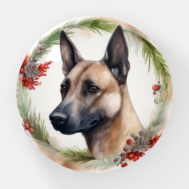 Belgian Malinoi Christmas Wreath Festive Pup  Paperweight (Front)