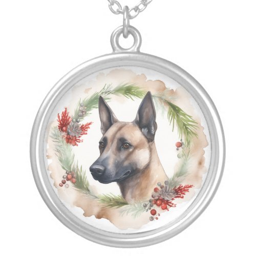 Belgian Malinoi Christmas Wreath Festive Pup  Silver Plated Necklace