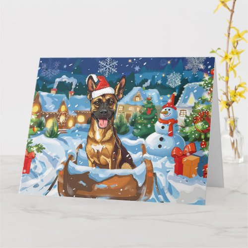 Belgian Malinoi Dog in Sleigh Snow Christmas Card