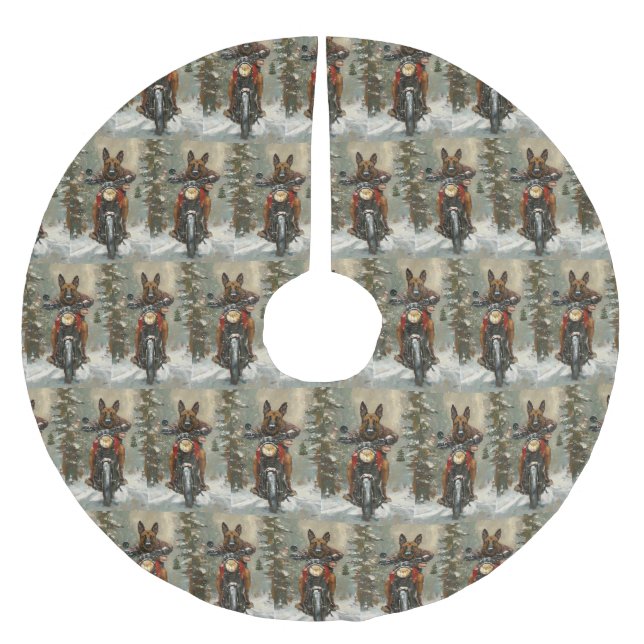 Belgian Malinoi Dog Riding Motorcycle Christmas  Brushed Polyester Tree Skirt (Front)