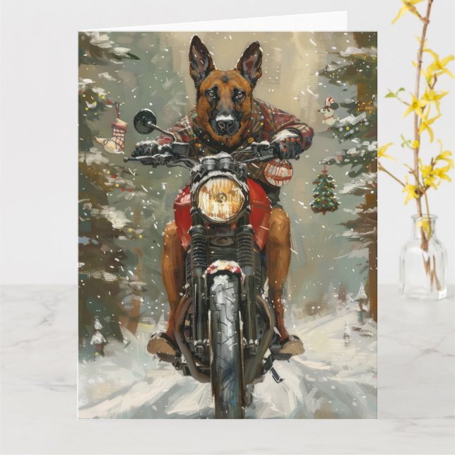 Belgian Malinoi Dog Riding Motorcycle Christmas  Card (Yellow Flower)