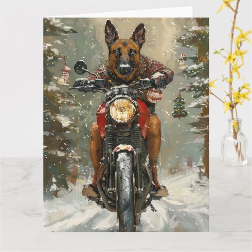 Belgian Malinoi Dog Riding Motorcycle Christmas  Card