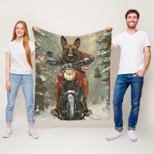 Belgian Malinoi Dog Riding Motorcycle Christmas  Fleece Blanket