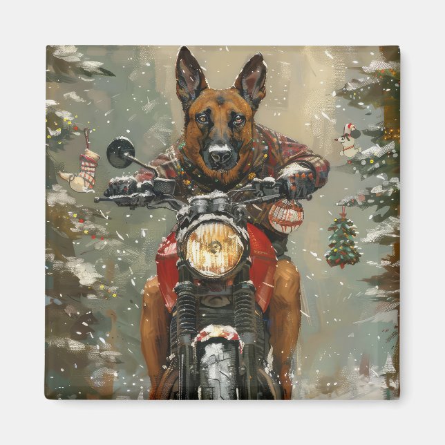 Belgian Malinoi Dog Riding Motorcycle Christmas  Magnet (Front)