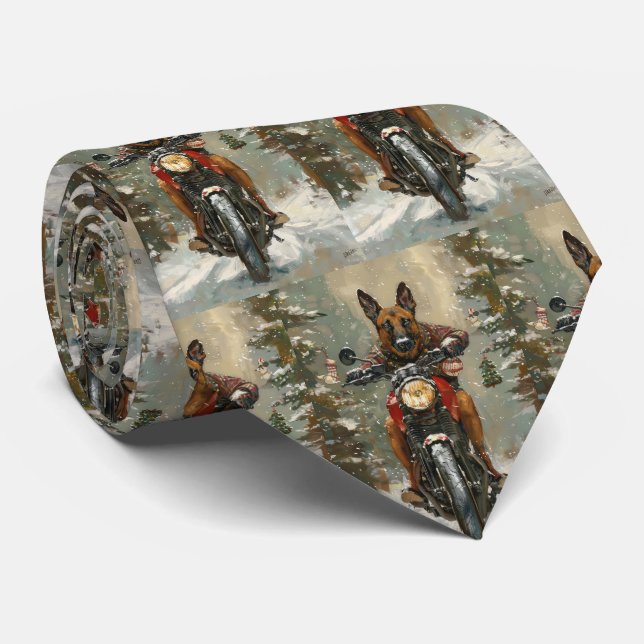 Belgian Malinoi Dog Riding Motorcycle Christmas  Neck Tie (Rolled)