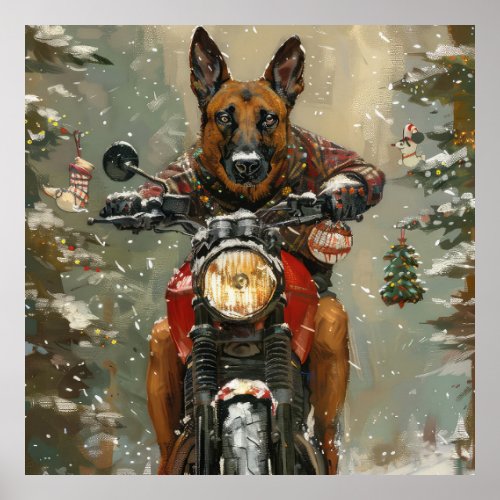 Belgian Malinoi Dog Riding Motorcycle Christmas  Poster