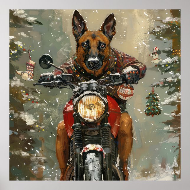 Belgian Malinoi Dog Riding Motorcycle Christmas  Poster (Front)