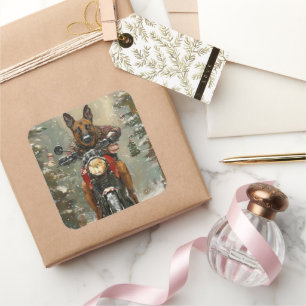 Belgian Malinoi Dog Riding Motorcycle Christmas Square Sticker