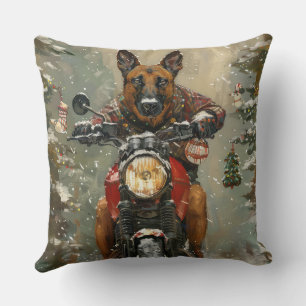 Belgian Malinoi Dog Riding Motorcycle Christmas  Throw Pillow