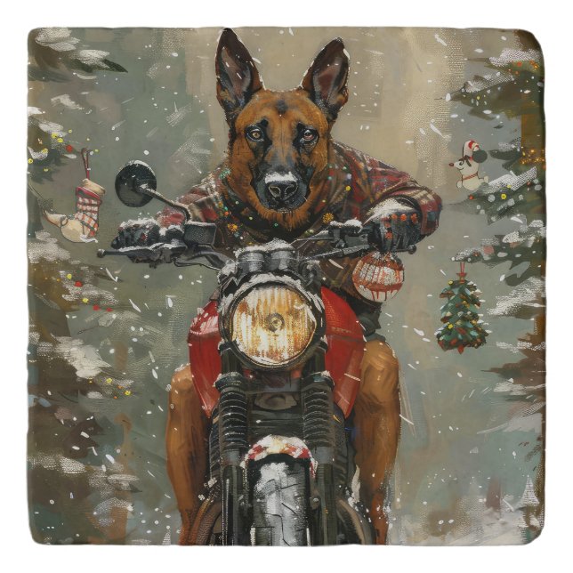 Belgian Malinoi Dog Riding Motorcycle Christmas  Trivet (Front)