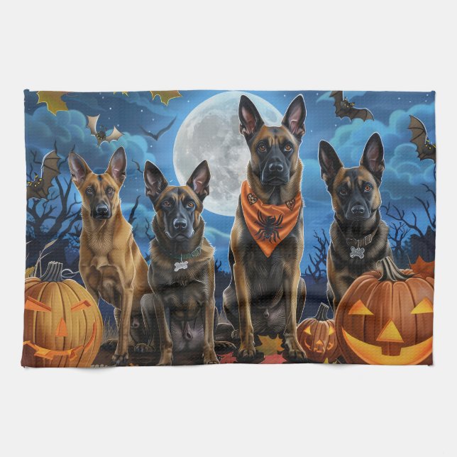 Belgian Malinoi Halloween Spooky Kitchen Towel (Horizontal)