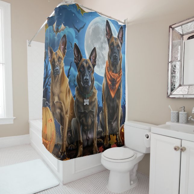Belgian Malinoi Halloween Spooky Shower Curtain (In Situ)