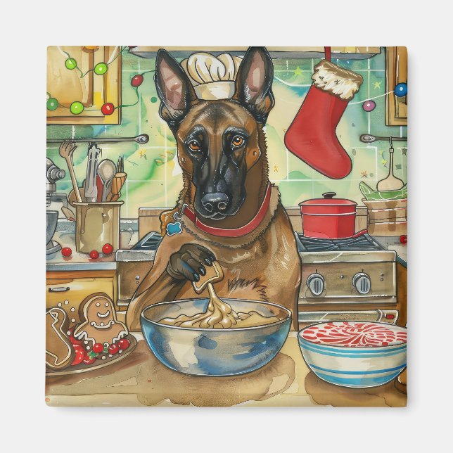 Belgian Malinoi Holiday Baking: Festive Christmas Magnet (Front)