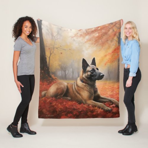 Belgian Malinoi in Autumn Leaves Fall Inspire  Fleece Blanket