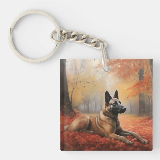 Belgian Malinoi in Autumn Leaves Fall Inspire  Keychain (Front)