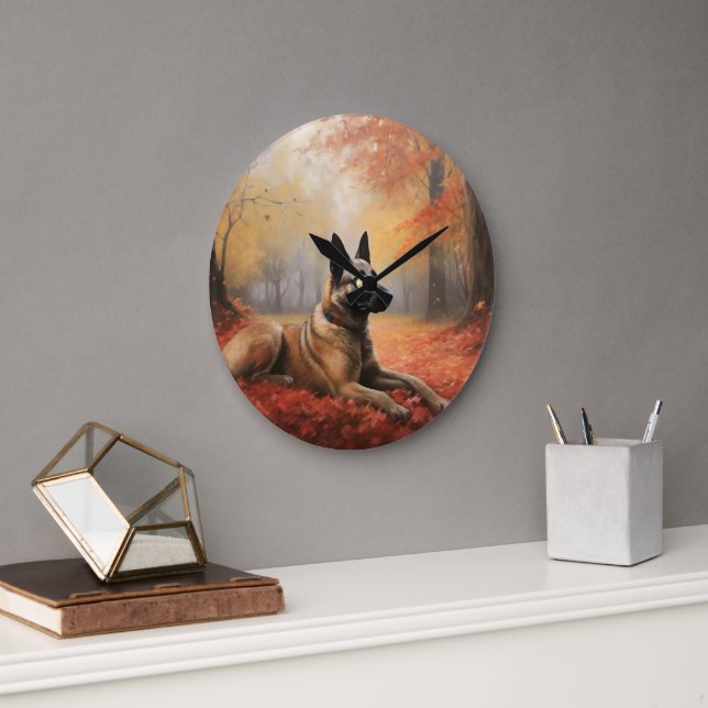 Belgian Malinoi in Autumn Leaves Fall Inspire  Large Clock (Office)