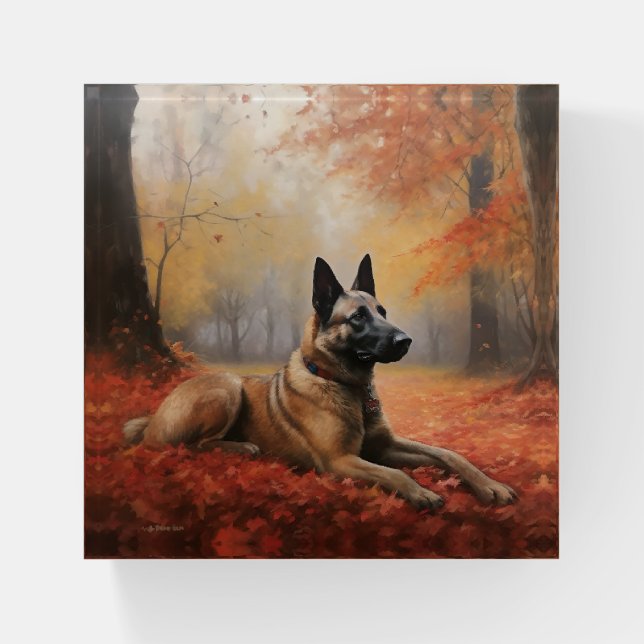 Belgian Malinoi in Autumn Leaves Fall Inspire  Paperweight (Front)