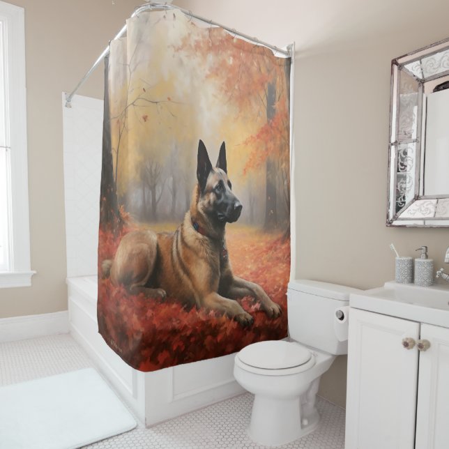 Belgian Malinoi in Autumn Leaves Fall Inspire  Shower Curtain (In Situ)