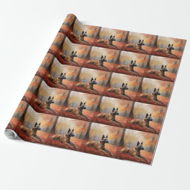 Belgian Malinoi in Autumn Leaves Fall Inspire  Wrapping Paper (Unrolled)