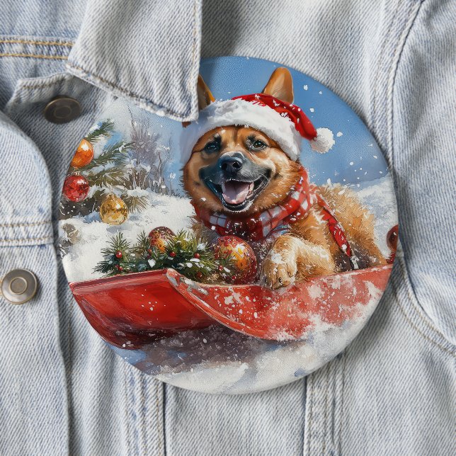 Belgian Malinoi in Sledge Let it Snow Christmas Button (In Situ)