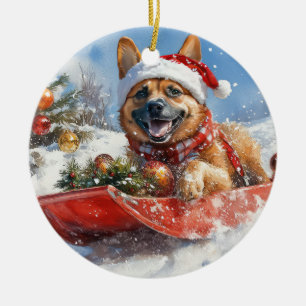Belgian Malinoi in Sledge Let it Snow Christmas Ceramic Ornament