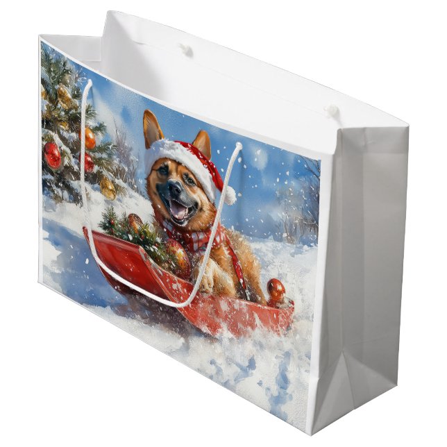 Belgian Malinoi in Sledge Let it Snow Christmas Large Gift Bag (Front Angled)