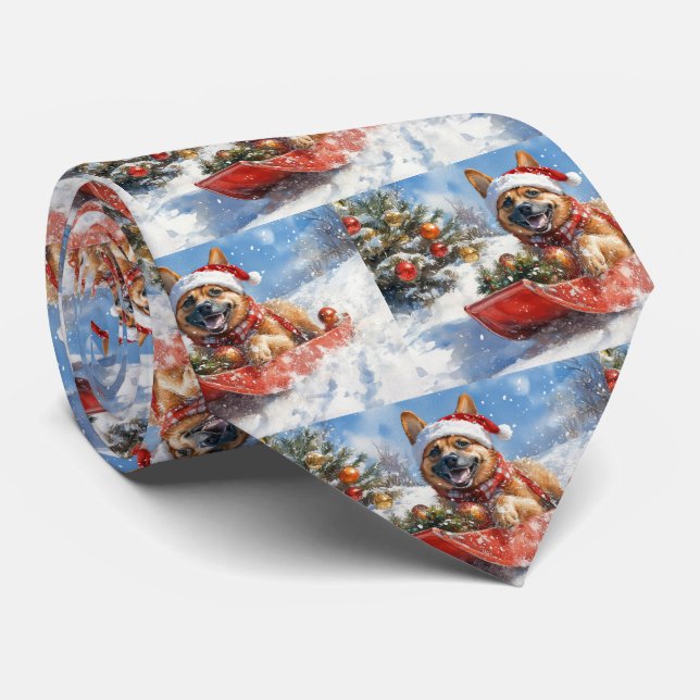 Belgian Malinoi in Sledge Let it Snow Christmas Neck Tie (Rolled)