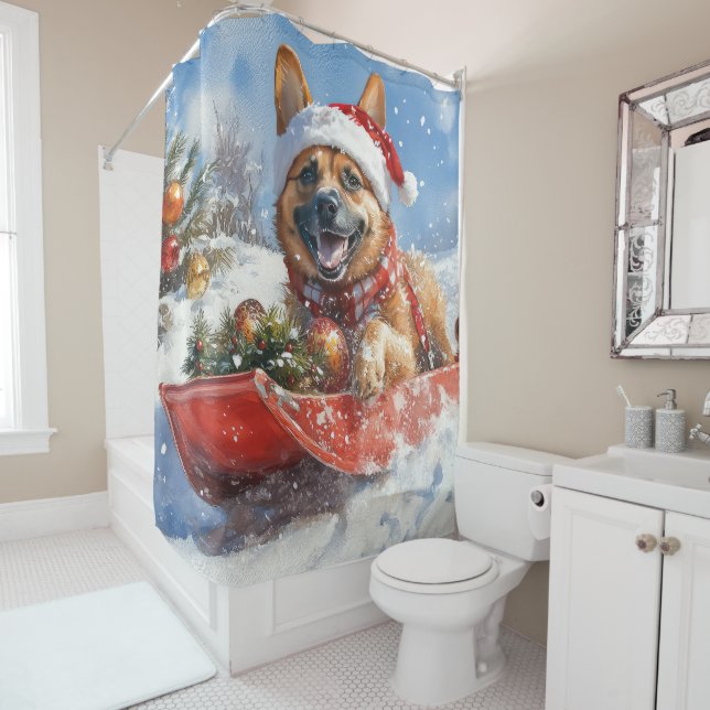 Belgian Malinoi in Sledge Let it Snow Christmas Shower Curtain (In Situ)