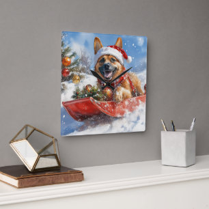 Belgian Malinoi in Sledge Let it Snow Christmas Square Wall Clock
