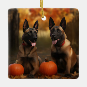 Belgian Malinoi Puppy Autumn Delight Pumpkin Ceramic Ornament