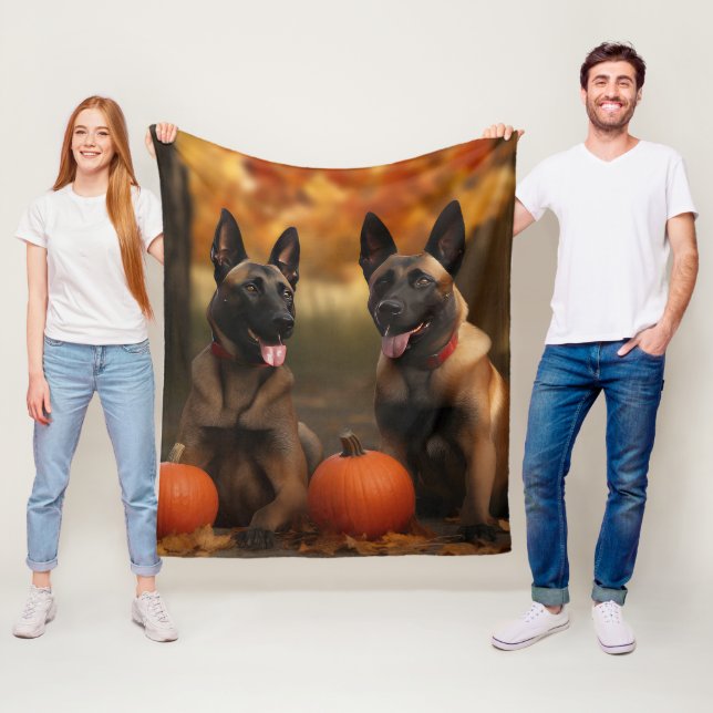 Belgian Malinoi Puppy Autumn Delight Pumpkin  Fleece Blanket (In Situ)
