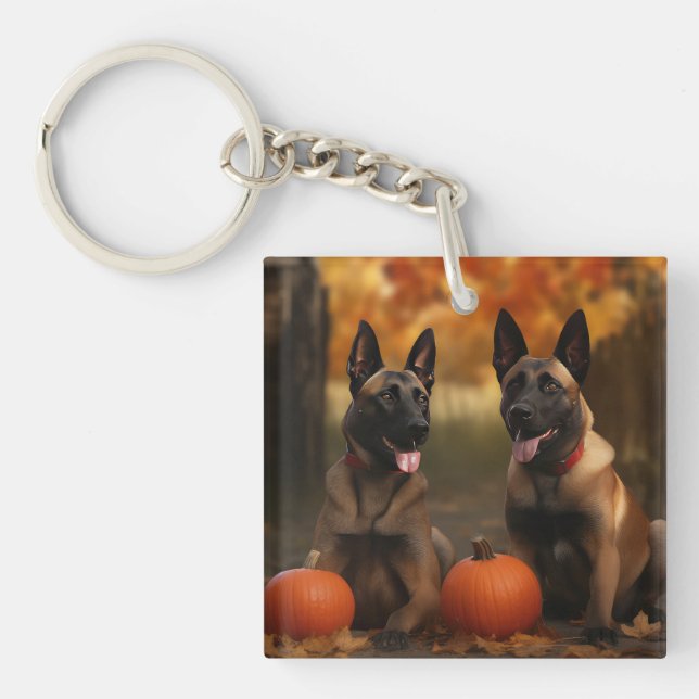 Belgian Malinoi Puppy Autumn Delight Pumpkin  Keychain (Front)