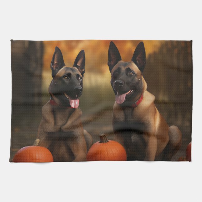 Belgian Malinoi Puppy Autumn Delight Pumpkin  Kitchen Towel (Horizontal)