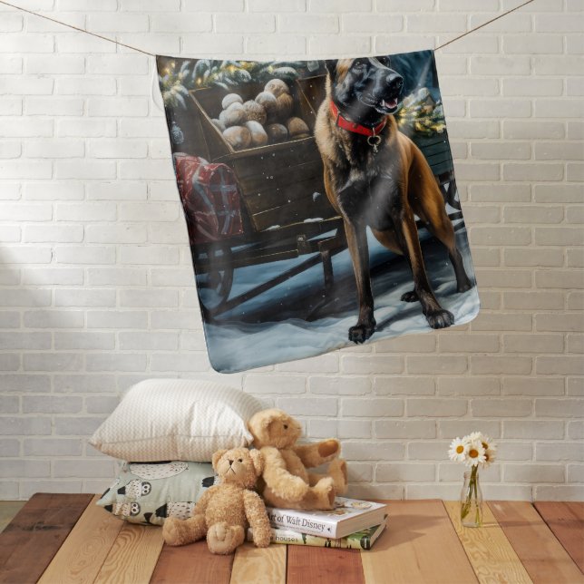 Belgian Malinoi Snowy Sleigh Christmas Decor Baby Blanket (In Situ)