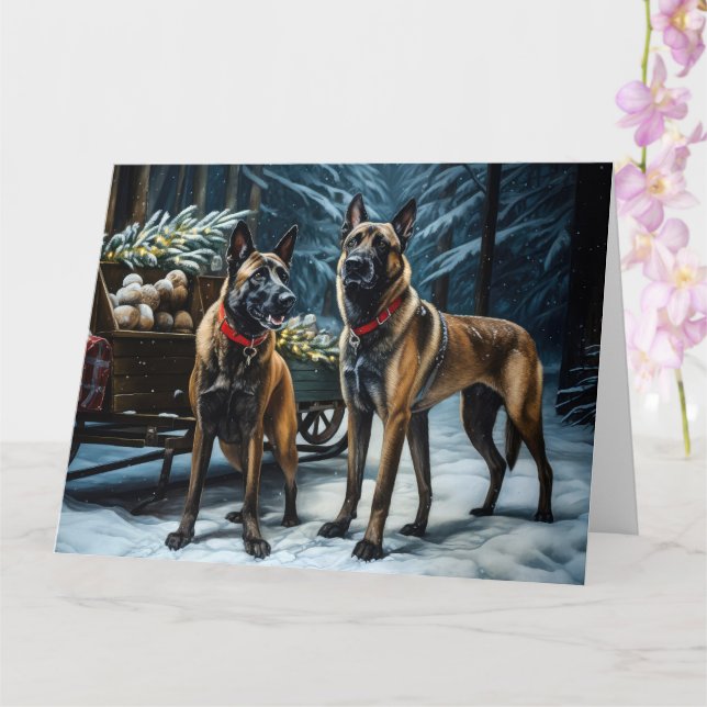 Belgian Malinoi Snowy Sleigh Christmas Decor Card (Orchid)
