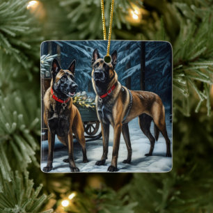 Belgian Malinoi Snowy Sleigh Christmas Decor Ceramic Ornament