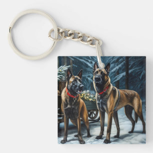 Belgian Malinoi Snowy Sleigh Christmas Decor Keychain