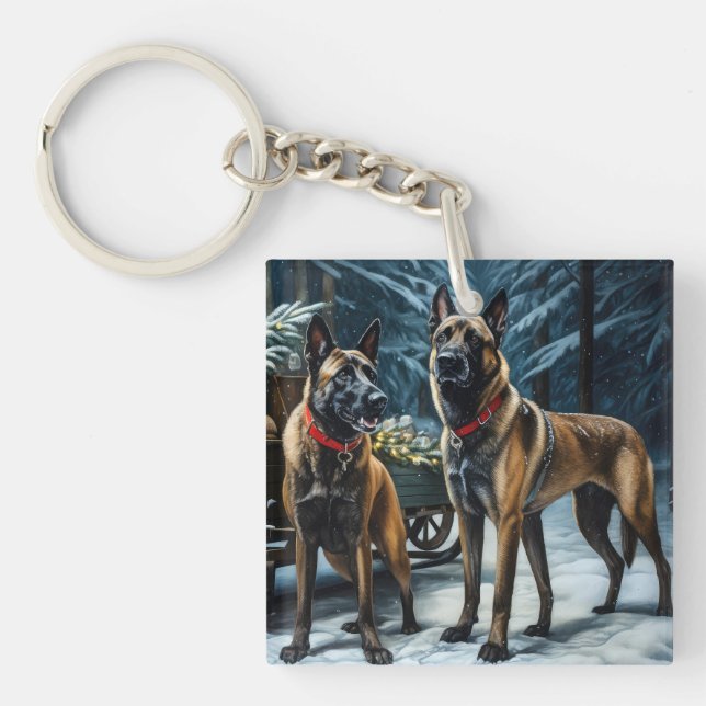 Belgian Malinoi Snowy Sleigh Christmas Decor Keychain (Front)