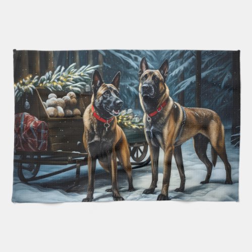 Belgian Malinoi Snowy Sleigh Christmas Decor Kitchen Towel